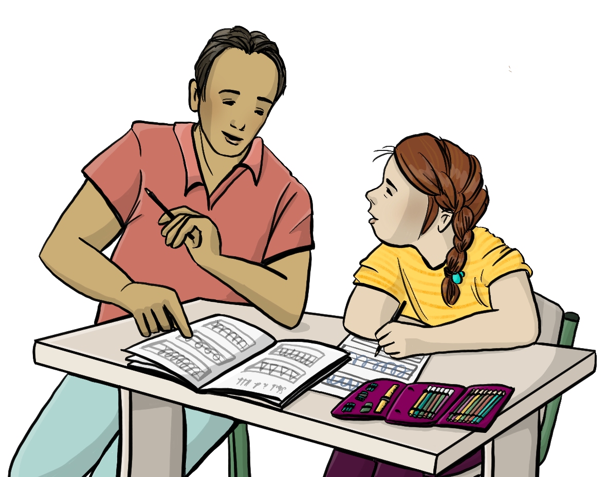 Ein Mädchen sitzt an einem Schultisch. Auf dem Tisch liegt ein Schulheft und ein Etui. Ein Assistent sitzt neben dem Mädchen. Er zeigt auf das Schulheft. 