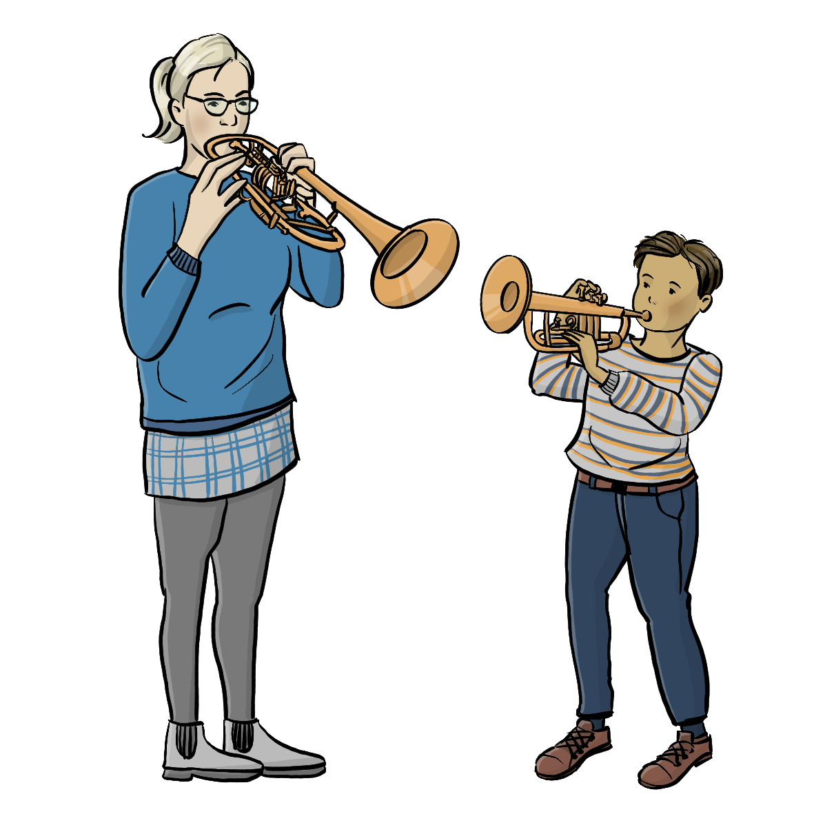 Eine Frau und ein Junge spielen zusammen Trompete.