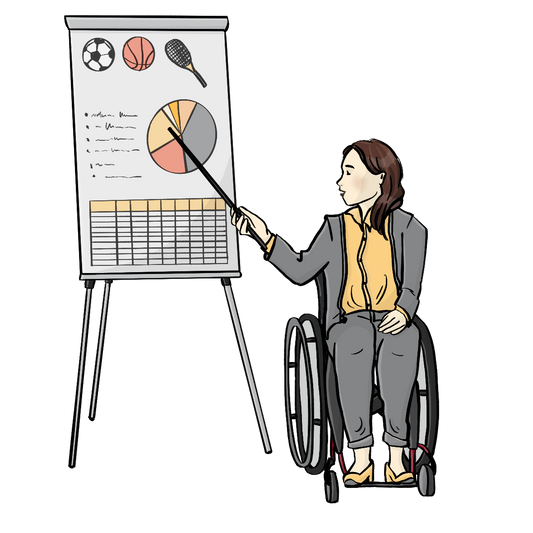 Eine Frau im Rollstuhl zeigt mit einem Stab auf eine Flipchart. Auf der Flipchart sind verschiedene Sportgeräte und ein Diagramm. 