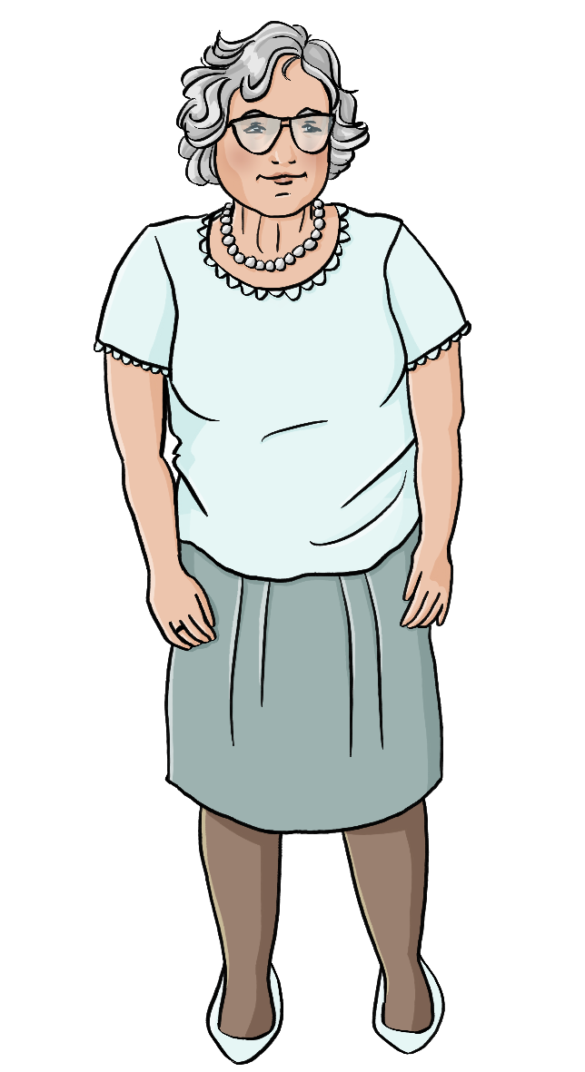 Eine ältere Frau mit weißen Locken und Brille. Sie trägt ein weißes T-Shirt und einen türkisfarbenen Rock.