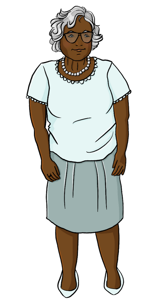 Eine alte Frau. Sie trägt einen Rock und ein T-Shirt. Ihre Haut ist dunkelbraun.