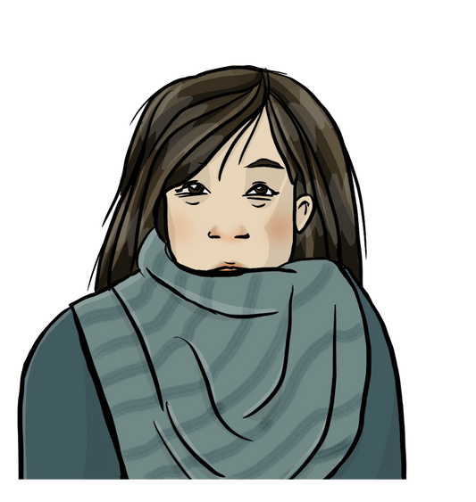 Eine Frau mit geschwollenen Augen, geröteter Nase und roten Wangen. Sie trägt einen Schal.