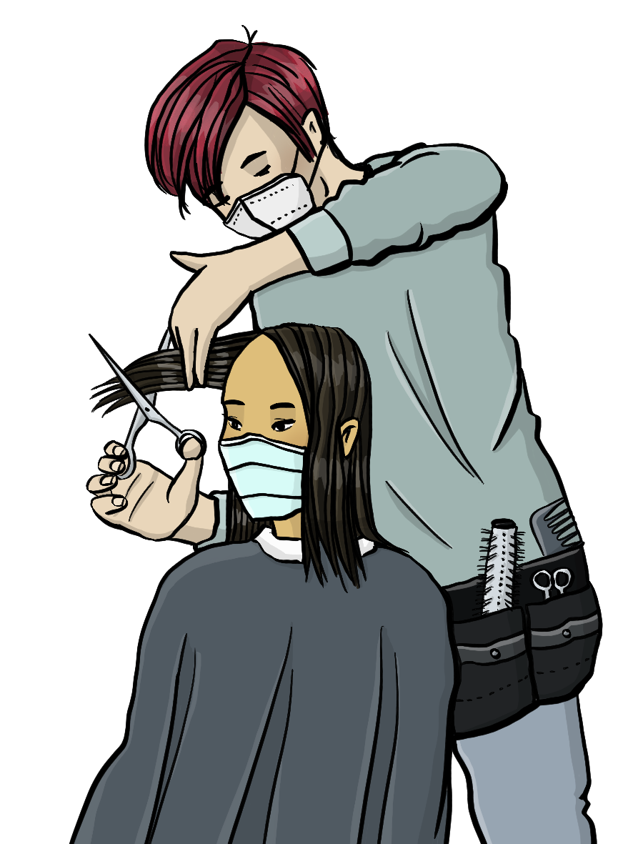 Ein Friseur schneidet einer Frau die Haare. Beide tragen einen Mundschutz. 