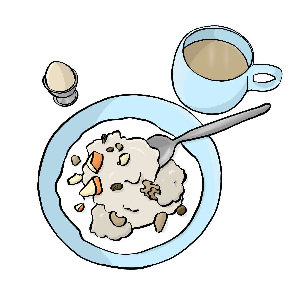 Ein Teller mit Müsli, eine Tasse Kaffee und ein Ei im Eierbecher.
