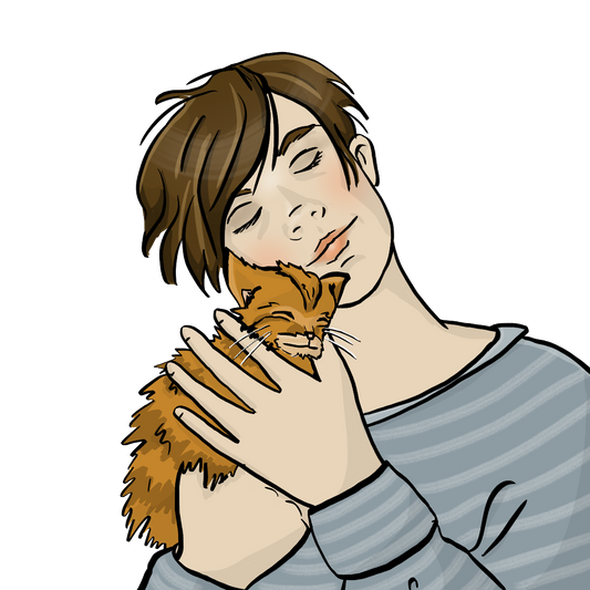 Eine Frau hält eine Katze auf dem Arm. Die Frau hat die Augen geschlossen und schmiegt die Wange in das Fell der Katze.