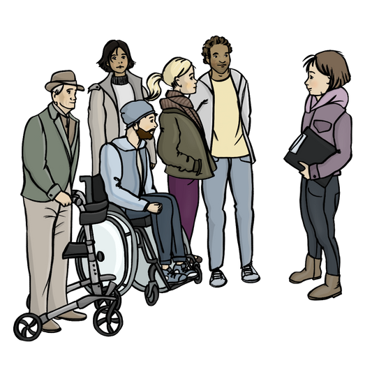 EIne Gruppe Menschen mit verschiedenen Hautfarben. Ein Mann sitzt im Rollstuhl, einer hat eine Gehhilfe. Vor der Gruppe steht eine Frau mit Klemmbrett.