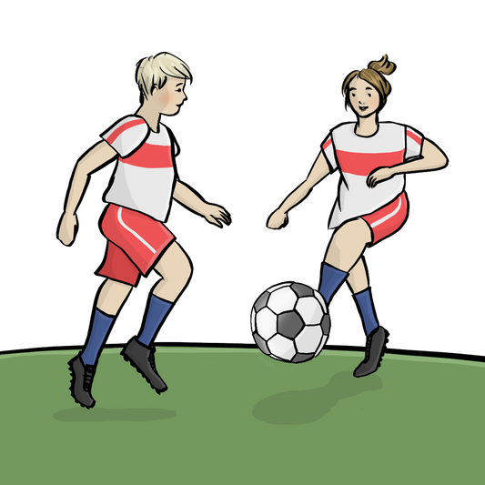 Ein Mann und eine Frau spielen zusammen Fußball. Sie tragen rot-weiße Trikots.