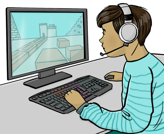 Ein jugendlicher mit Headset sitzt am Computer. Auf dem Bildschirm sind pixelige Gebäude. 