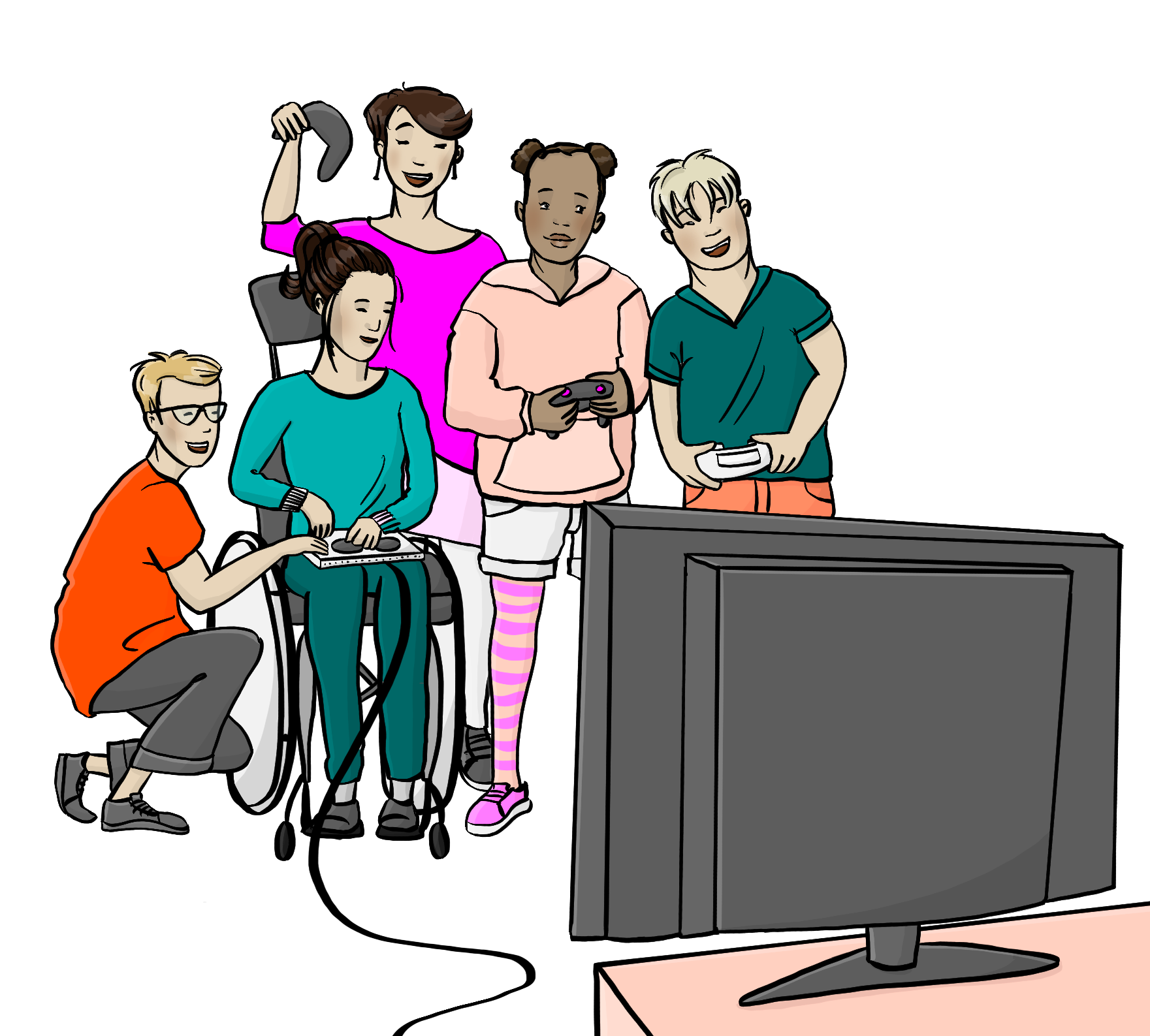 Eine Gruppe Jugendlicher mit verschiedenen Hautfarben. Sie haben Controller für eine Spielkonsole in den Händen. Ein Mädchen im Rollstuhl hat einen Controller mit extra großen Knöpfen. Im Vordergrund steht ein Fernseher.
