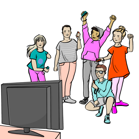 Eine Gruppe Jugendlicher mit verschiedenen Hautfarben. Sie haben Controller für eine Spielkonsole in den Händen. Es sind Jugendliche mit und ohne Behinderung. Ein Junge hat jubelnd die Arme hochgestreckt. Ein Mädchen schaut ärgerlich. Im Vordergrund steht ein Fernseher.