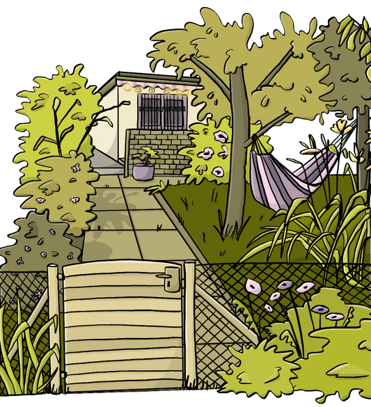 Ein Schrebergarten mit Laube.