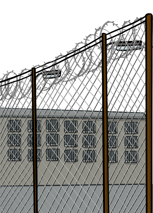 Ein Gebäude hinter einem Stacheldraht-Zaun.