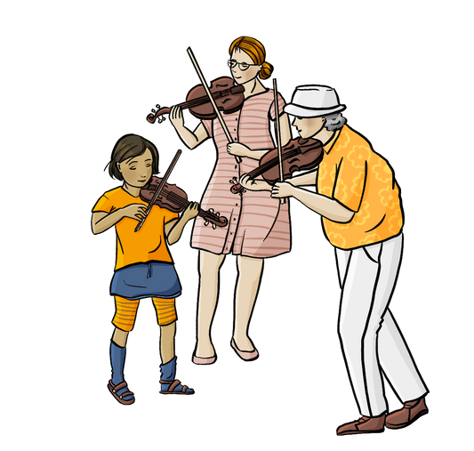 Eine Frau, ein älterer Mann und ein Mädchen spielen zusammen Geige.