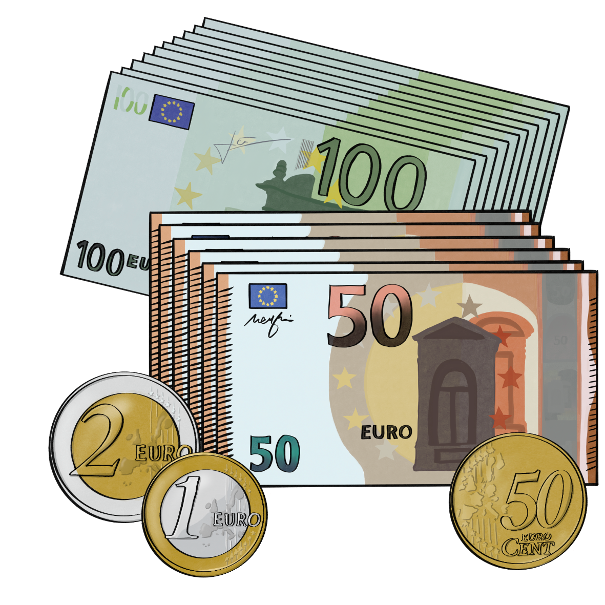 Ein Stapel 100 Euro Scheine, ein Stapel 50 Euro Scheine und einige Münzen.