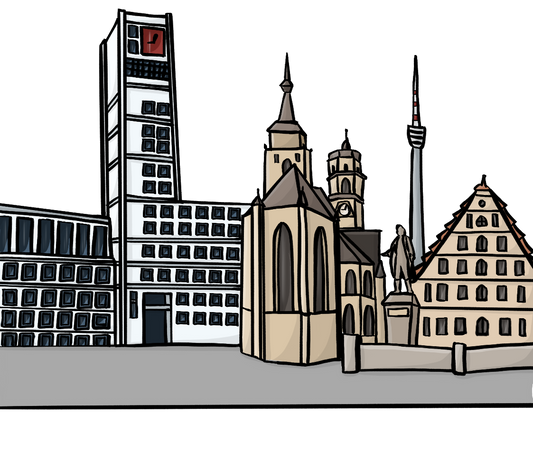 Die Silhouette einer mittelgroßen Stadt.