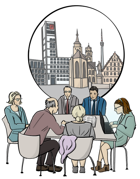 Eine Gruppe Menschen sitzt um einen Tisch herum. Alle sind förmlich gekleidet. Eine Frau schreibt auf einem Laptop. Über dem Bild ist ein Kreis. In dem Kreis ist die Silhouette einer mittelgroßen Stadt.