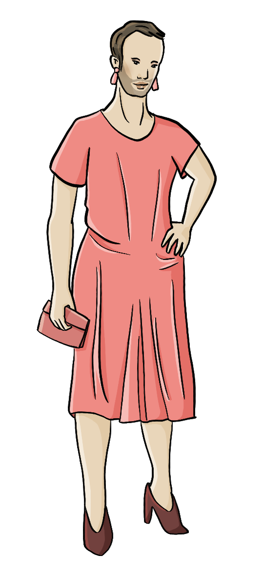 Eine Person mit Kurzhaarfrisur und Dreitagebart. Sie trägt ein Kleid, Ohrringe und Schuhe mit Absatz. 