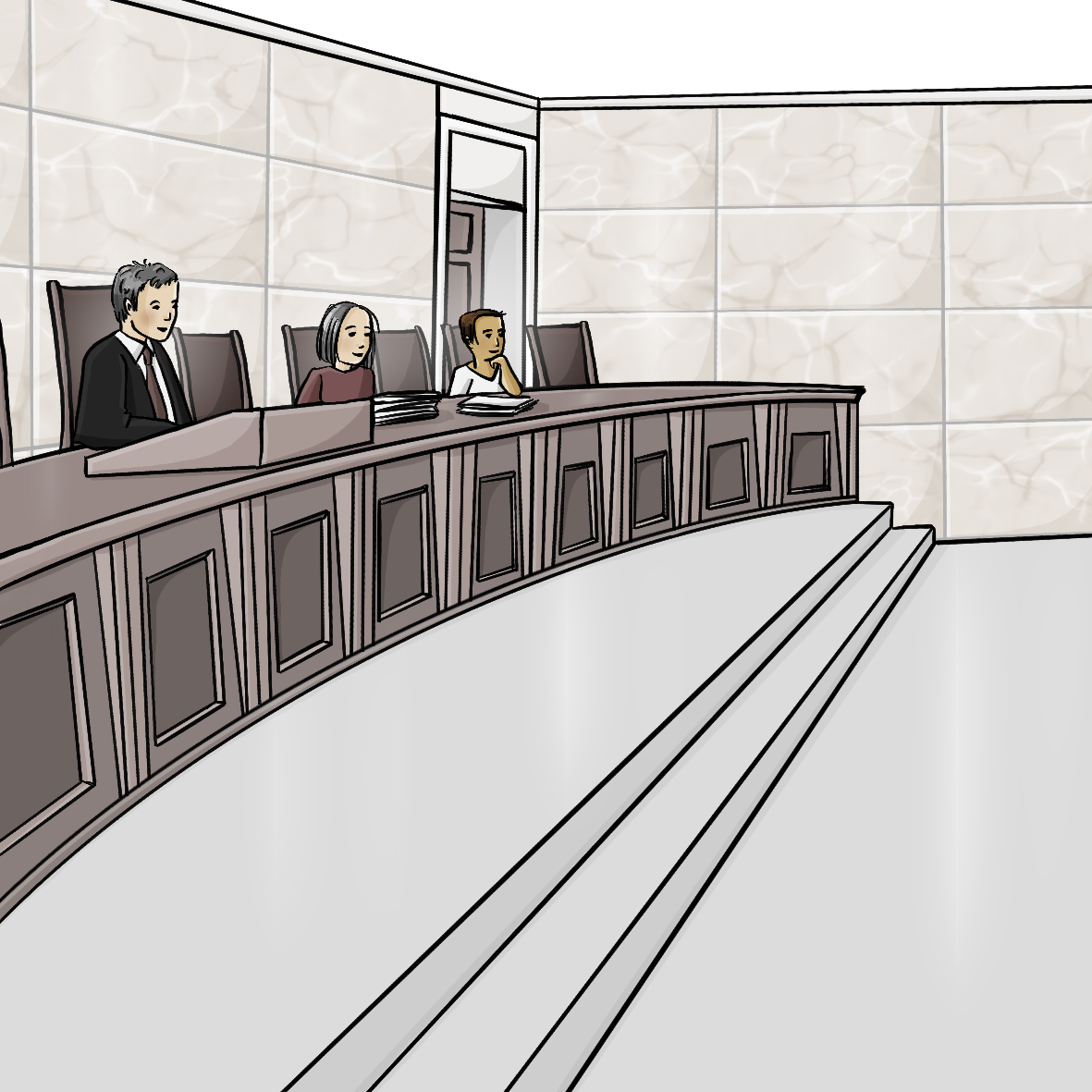 Eine Gerichtsaal. Auf den Richterstühlen sitzen zwei Richter und eine Richterin.