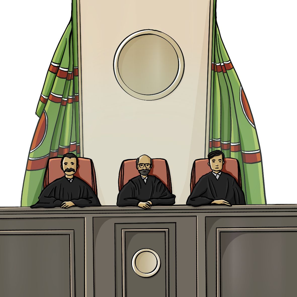 Drei Männer in schwarzen Roben sitzen hinter einem großen Tisch. Hinter Ihnen sind grün-rot gemusterte Flaggen. 