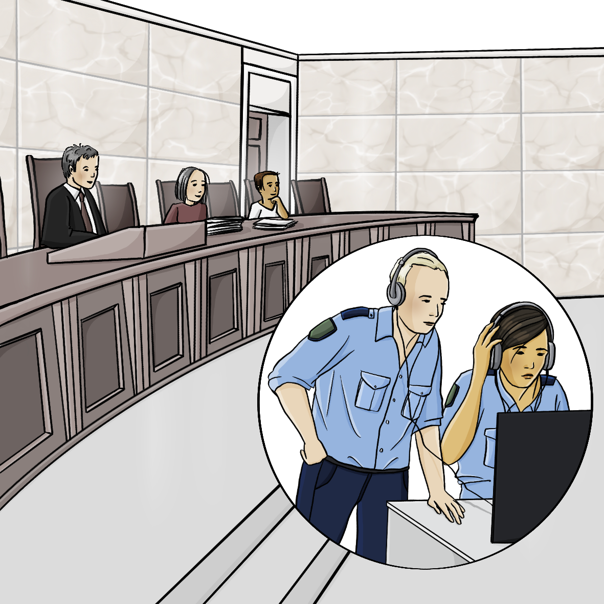 Ein Gerichtssaal mit Richtern und Richterinnen. Im Bild ist ein Kreis mit einem Bild von einer Polizistin. Sie sitzt mit Kopfhörern am Computer. Neben ihr steht ein weiterer Polizist mit Kopfhörern. 