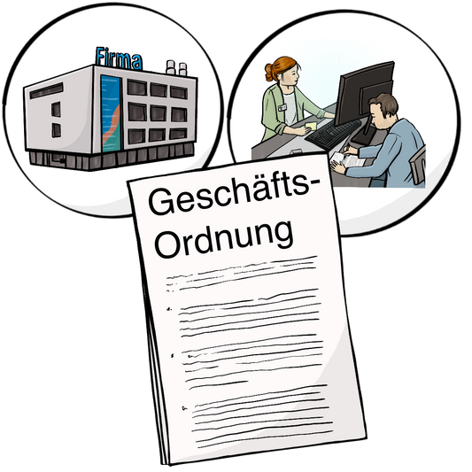 Ein Dokument mit dem Titel: Geschäftsordnung. Über dem Dokument sind Kreise. In dem einen Kreis ist eine Firma. In dem andern Kreis sind ein Mann und eine Frau in einem Büro.