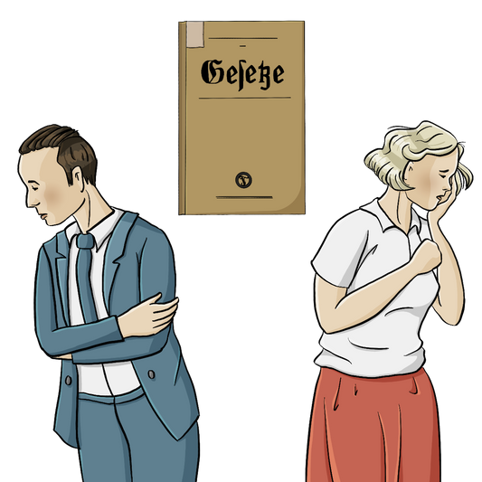 Ein Mann und eine Frau in Kleidung der 30er Jahre. Beide schauen traurig. Zwischen Ihnen ist ein altes Gesetzbuch.