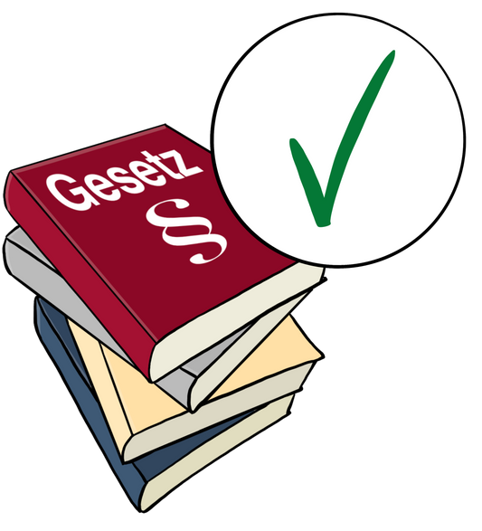 Ein Stapel Bücher. Das oberste Buch ist rot. Auf dem Buch steht Gesetz, darunter ist das Paragraph-Zeichen. Neben dem Bild ist ein Kreis mit einem grünen Häkchen.