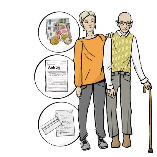Eine Frau legt die Hand auf die Schuler eines älteren Mannes. Neben dem Bild sind drei Kreise. In den Kreisen sind Geld, ein Antrag und ein Brief.