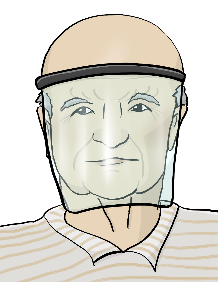 Ein älterer Mann mit einem Gesichtsschirm. 