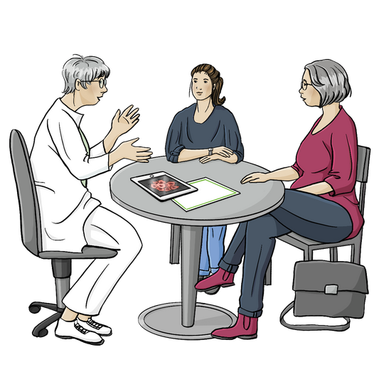 Drei Frauen sitzen um einen Tisch. Eine von Ihnen trägt einen weißen Kittel und eine weiße Hose, die anderen beiden tragen Alltagskleidung. Auf dem Tisch liegt ein Tablet.