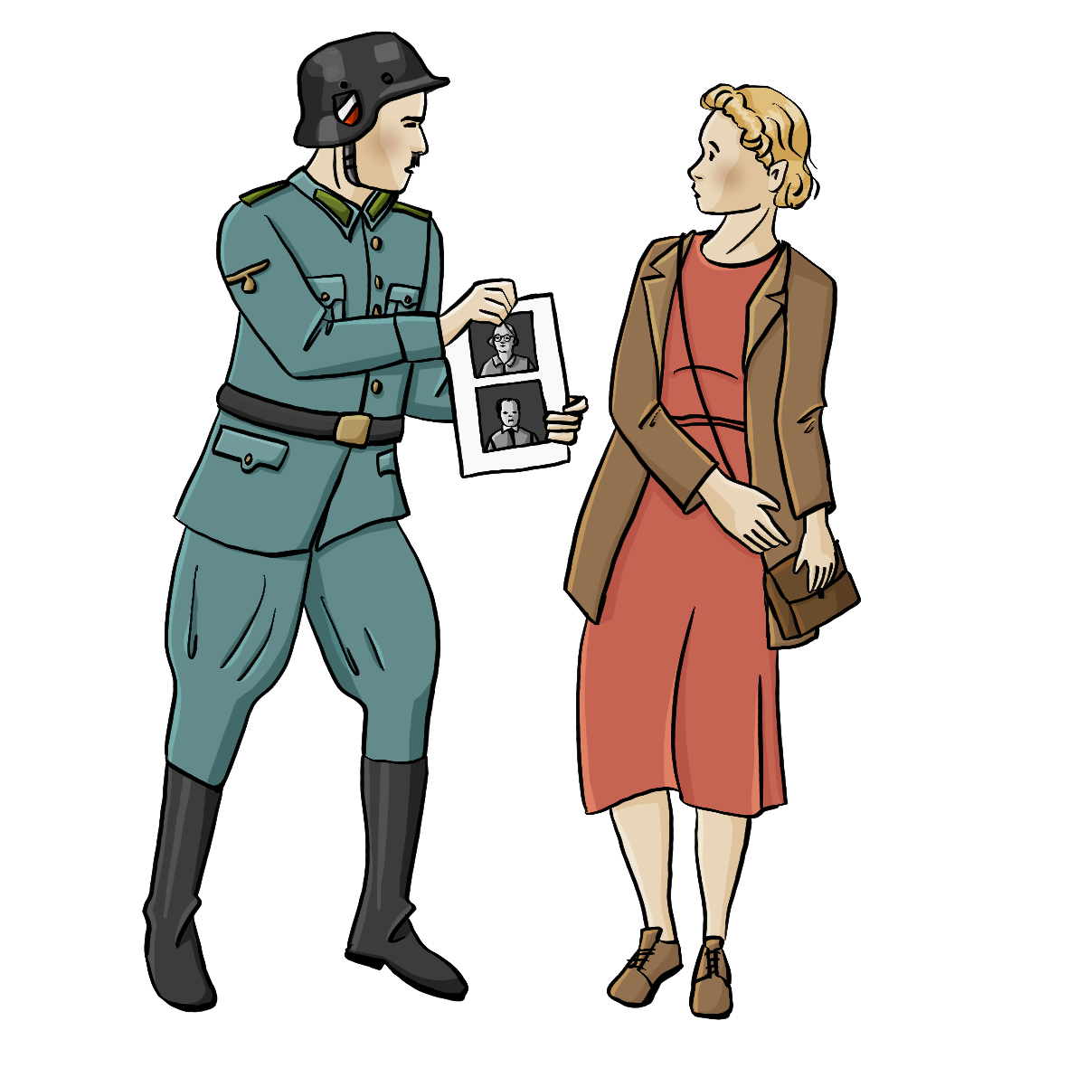 Ein Mann mit einer Polizeiuniform aus der NS-Zeit zeigt einer Frau einen Zettel mit Fotos. Der Polizist schaut wütend, die Frau schaut erschreckt. 