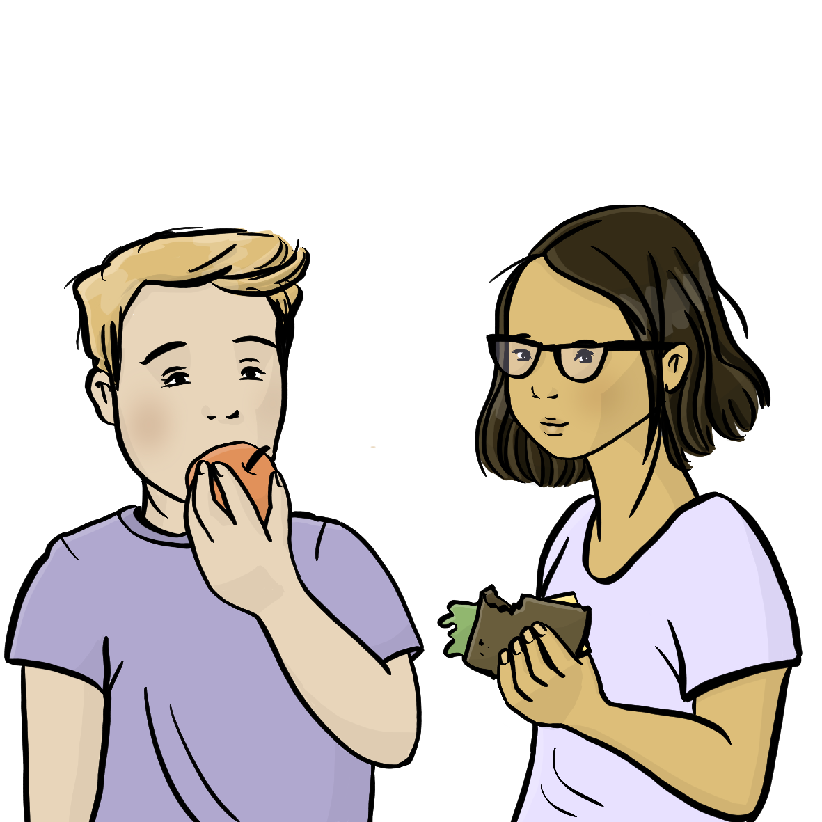 Ein Junge beißt in einen Apfel. Ein Mädchen hält ein Käsebrot in der Hand. 