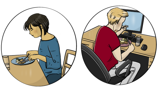 Zwei Kreise. In dem einen Kreis sitzt eine Frau am Esstisch und isst. In dem anderen Kreis sitzt ein Mann am Schreibtisch und isst.