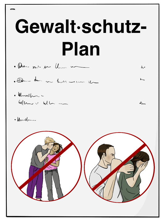 Ein Blatt Papier mit der Aufschrift: Gewalt·schutz-Plan. Unten auf dem Blatt sind zwei Bilder in durchgestrichenen Kreisen. Auf dem Einen Bild versucht ein Mann, eine Frau zu küssen. Die Frau dreht sich weg. Auf dem anderen Bild hält ein Mann eine Frau an der Schulter Fest. Seine Faust ist erhoben.
