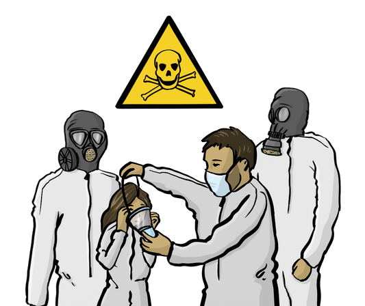 Menschen mit Gasmasken. Ein Mann hilft einem Mädchen, die Gasmaske aufzusetzen. Über dem Bild ist ein gelbes Warn-Dreieck mit einem Totenkopf.
