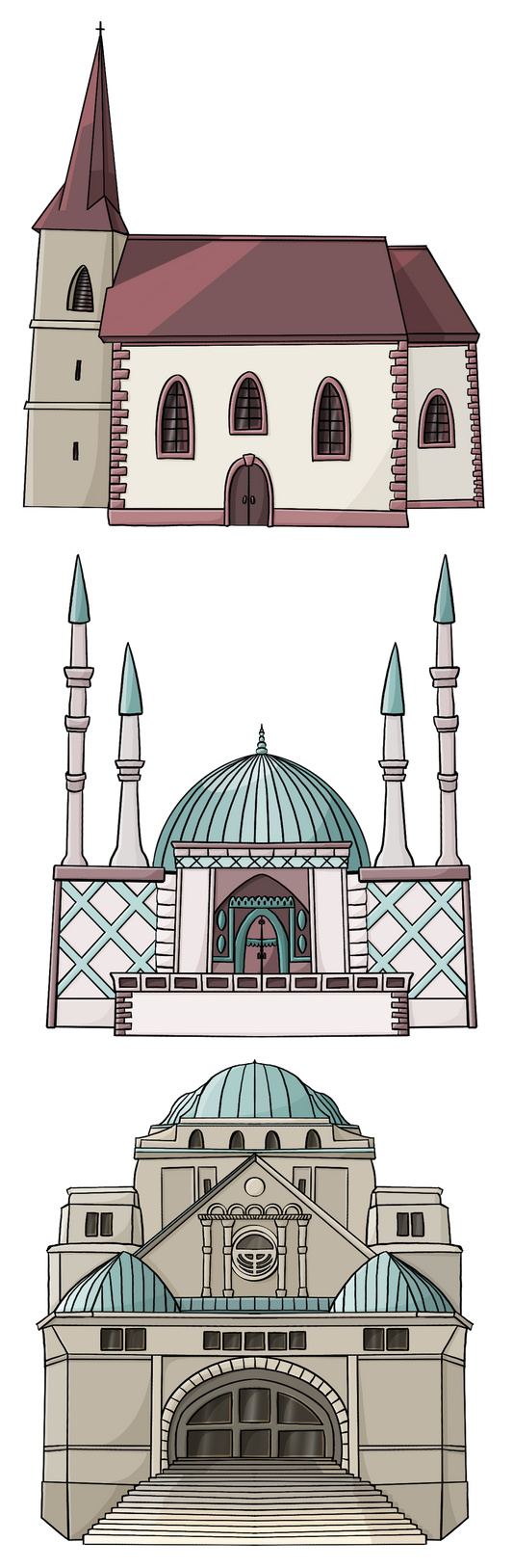 Eine Kirche, eine Moschee und eine Synagoge. 