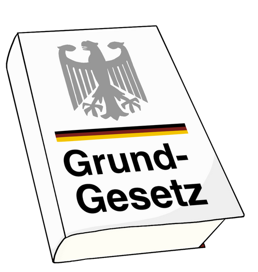 Ein weißes Buch mit einem grauen Adler, einem schwarz-rot-gelben Streifen und der Aufschrift: Grundgesetz