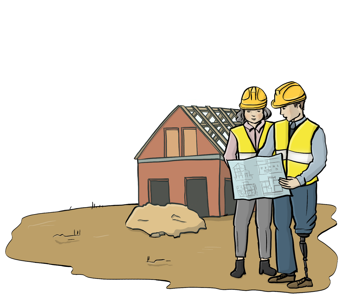 Ein Mann und eine Frau stehen auf einem Grundstück und lesen einen Bauplan. Der Mann trägt eine Beinprothese, beide tragen Helme. Im Hintergrund ist der Rohbau eines Hauses. 