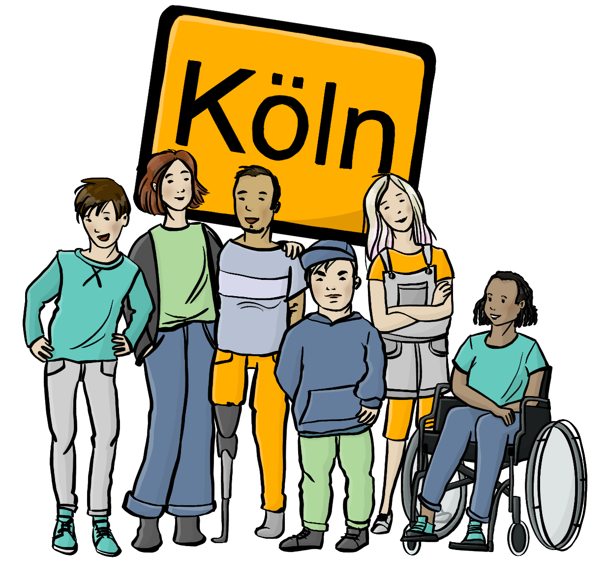 Jugendliche mit verschiedenen Hautfarben stehen vor einem gelben Schild mit der Aufschrift: Köln. Es sind Jugendliche mit und ohne Behinderung. 