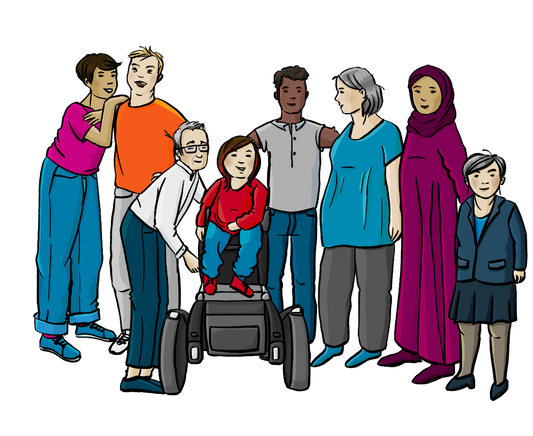 Eine Gruppe verschieden alter Menschen mit verschiedenen Hautfarben. Es sind Menschen mit und ohne Behinderung.