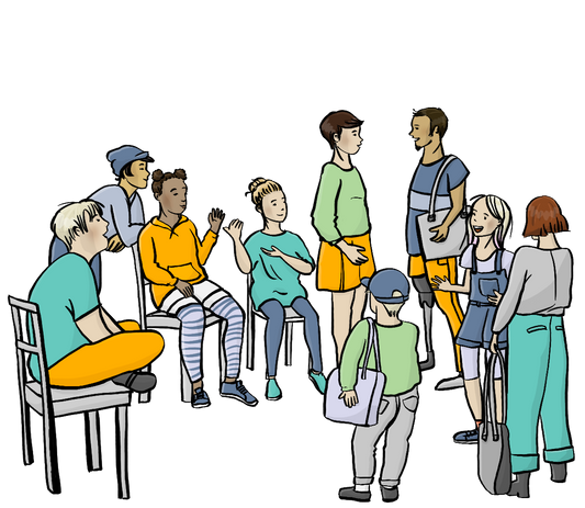 Eine Gruppe Jugendlicher mit verschiedenen Hautfarben sitzen auf Stühlen, eine andere Gruppe kommt dazu. Es sind Jugendliche mit und ohne Behinderung.