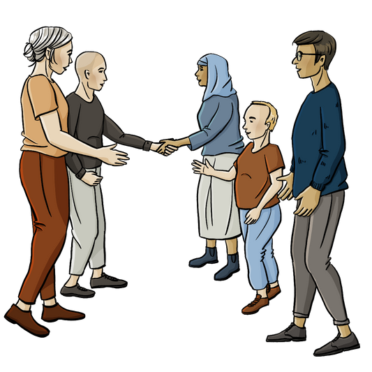 Eine Gruppe von Menschen. Alle stehen einander zugewandt. Ein Mann und eine Frau geben sich die Hand.