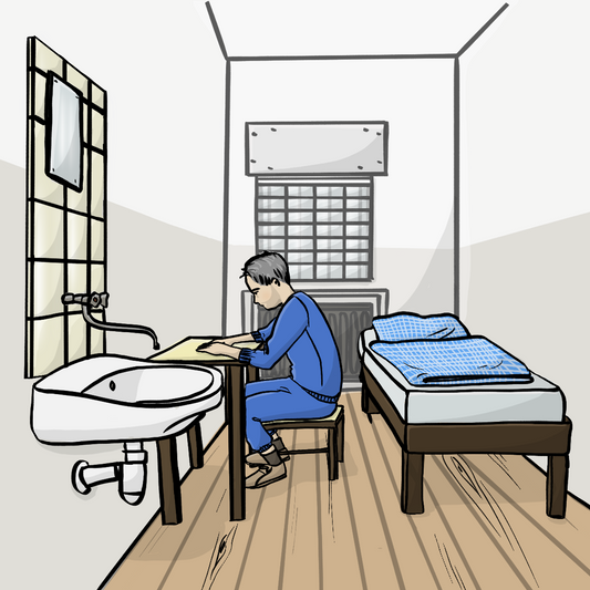Ein Mann sitzt in einer Gefängniszelle an einem Tisch auf einem Stuhl. Seine Hände liegen auf dem Tisch. Er trägt einen zu kurzen blauen Trainingsanzug. In der Zelle sind ein Bett und ein Waschbecken mit Spiegel. 