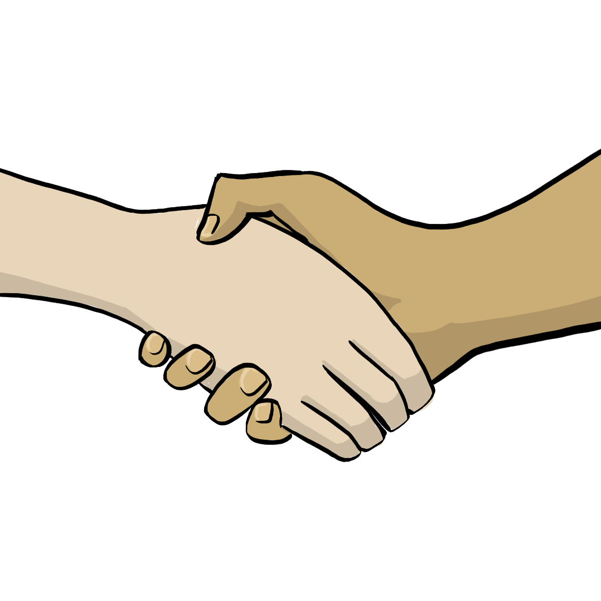 Zwei Hände mit verschiedenen Hautfarben umfassen sich. 