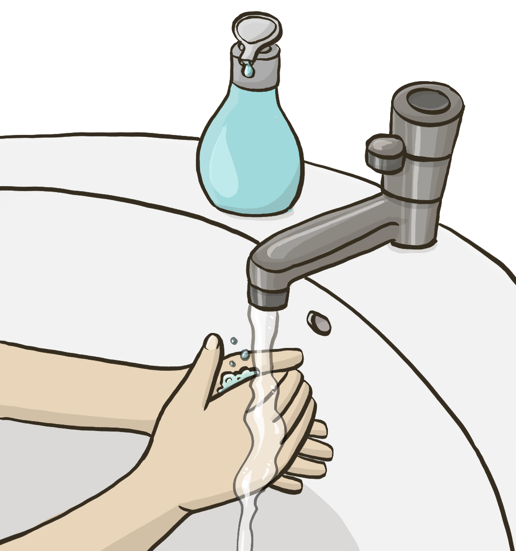 Ein Waschbecken mit einem Seifenspender. Unter dem Wasserstrahl sind zwei Hände. 