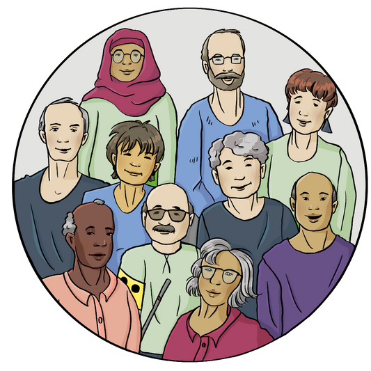 Ein Kreis mit Menschen ab 50 Jahren, nur der Oberkörper ist abgebildet. Es sind Männer und Frauen mit verschiedenen Hautfarben, Menschen mit und ohne Behinderung.