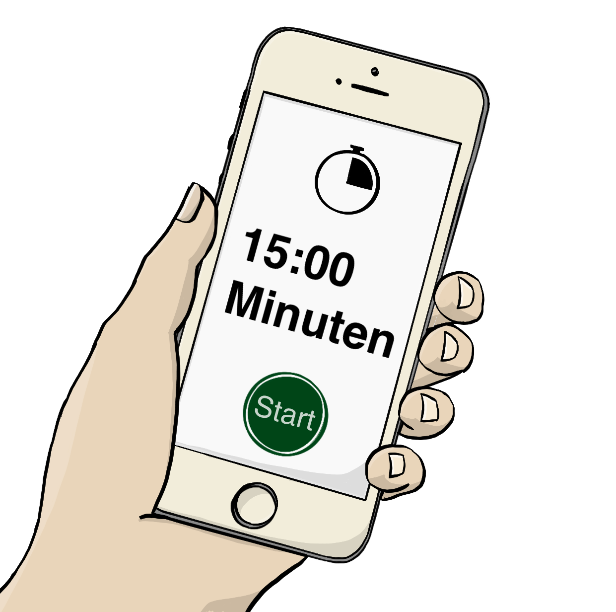 Eine Hand hält ein Smartphone. Auf dem Bildschirm ist ein Symbol für eine Uhr, die Aufschrift 15:00 Minuten und ein grüner Start-Button. 