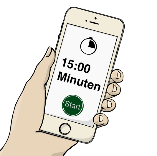 Eine Hand hält ein Smartphone. Auf dem Bildschirm ist ein Symbol für eine Uhr, die Aufschrift 15:00 Minuten und ein grüner Start-Button.