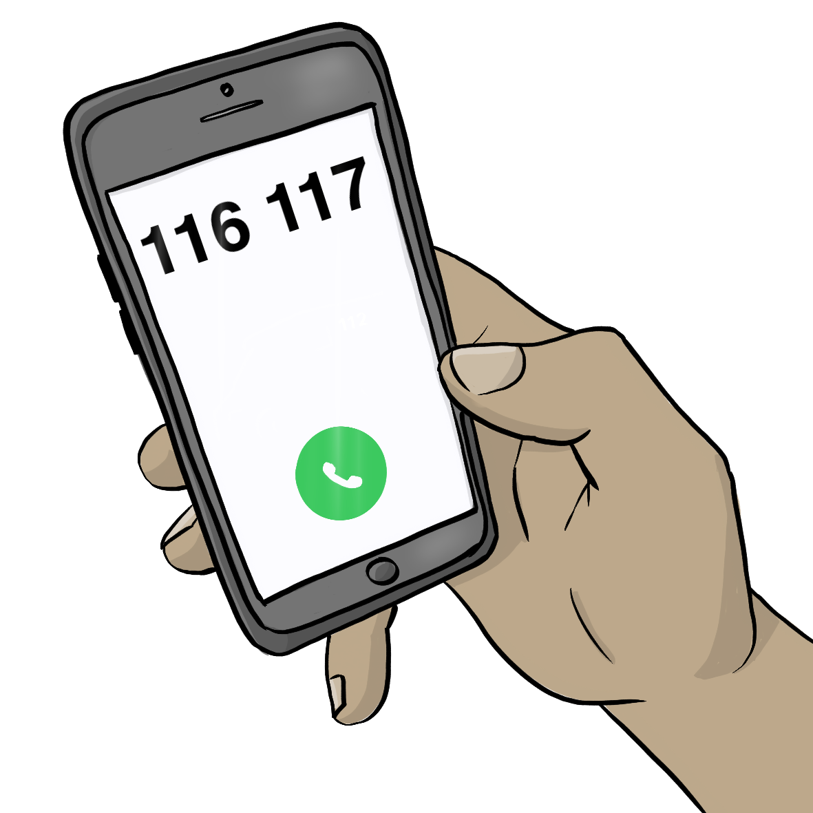 Eine Hand hält ein Smartphone. Auf dem Bildschirm ist die Nummer vom Hausärztlichen Notdienst: 116 117 und der grüne Anruf- Button.