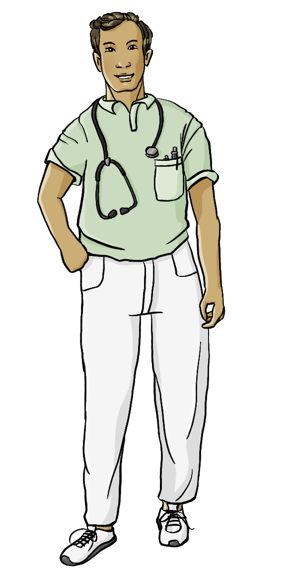 Ein Mann mit hellgrünem Poloshirt und weißer Hose. Um seinen Hals hängt ein Stethoskop.